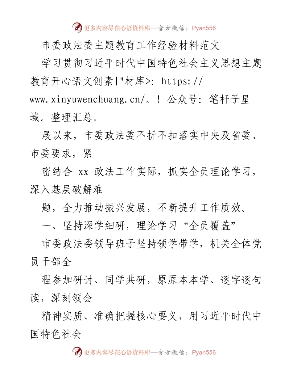 [工作总结] 市委政法委 - 深入推进主题教育，提升政法工作质效.docx_第1页