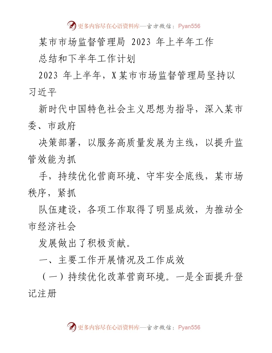 [工作总结] 市场监督管理局 - 2023年上半年工作总结与下半年工作计划_1.docx_第1页