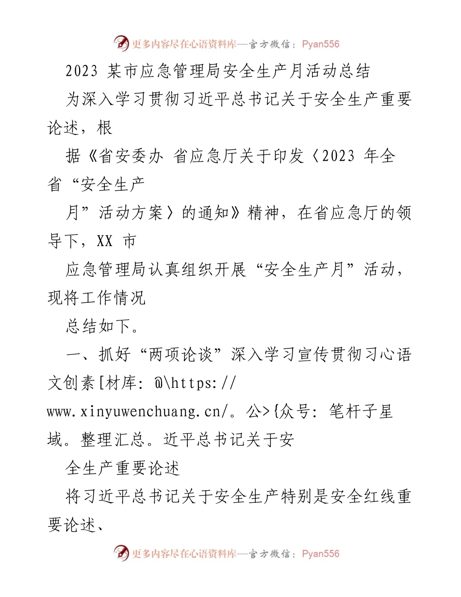[工作总结] 安全生产月活动 - 2023年某市安全生产月活动总结报告.docx_第1页