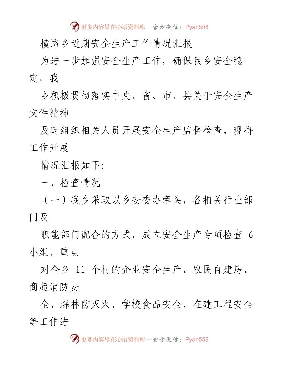 [工作总结] 安全生产 - 横路乡安全生产工作情况汇报.docx_第1页