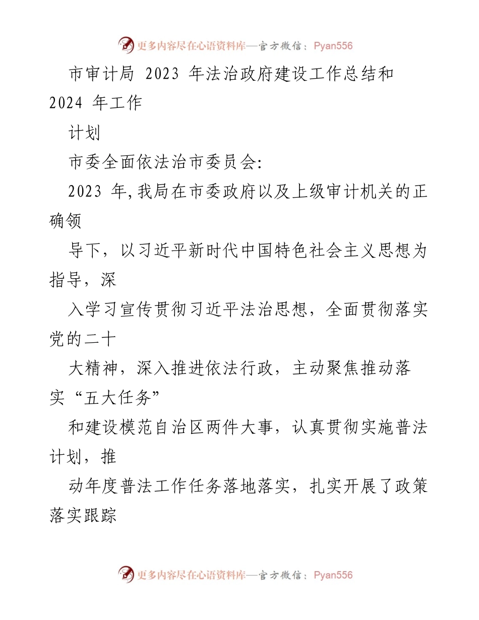 [工作总结] 市审计局 - 2023年法治政府建设总结与2024年工作计划.docx_第1页