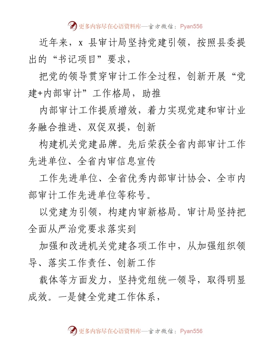 [工作总结] 审计局党建工作 - 党建引领审计局内审创新发展总结.docx_第1页