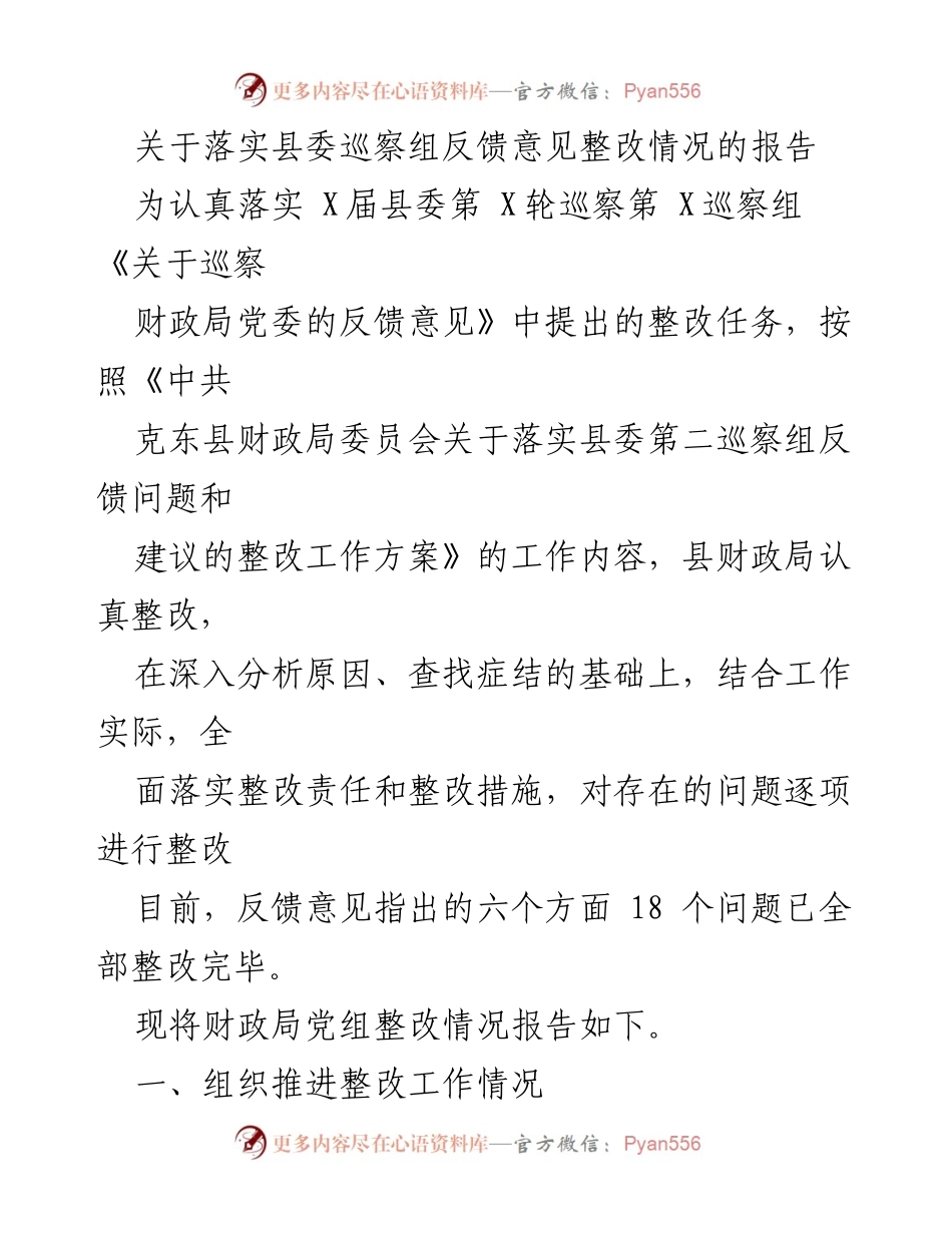 [工作总结] 巡察整改 - 县财政局巡察反馈意见整改情况报告.docx_第1页