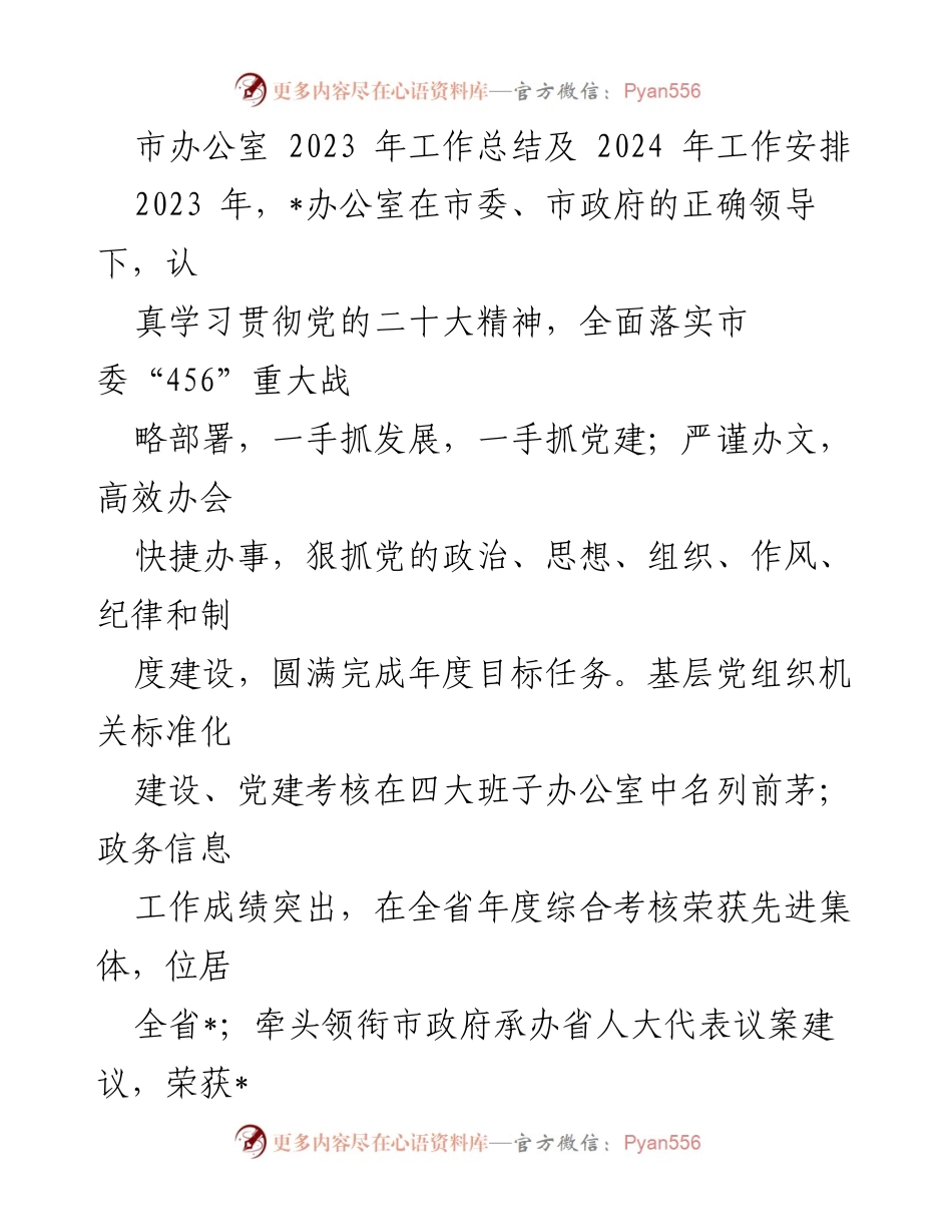 [工作总结] 市办公室 - 2023年工作总结与2024年工作安排.docx_第1页