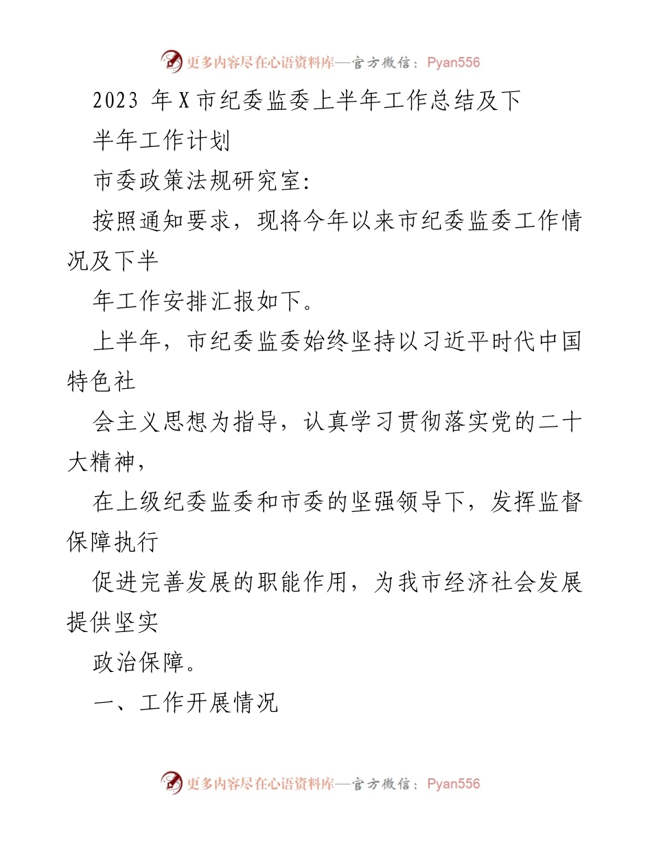 [工作总结] 市纪委监委 - 2023年上半年工作总结及下半年工作计划_2.docx_第1页
