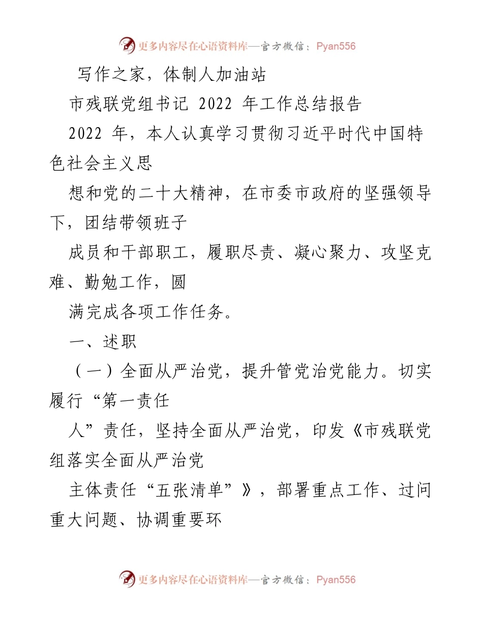 [工作总结] 市残联 - 2022年市残联党组书记工作总结报告.docx_第1页