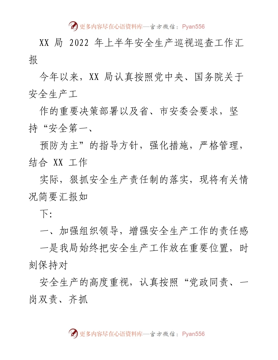 [工作总结] 安全生产 - XX局2022年上半年安全生产巡视巡查工作汇报.docx_第1页