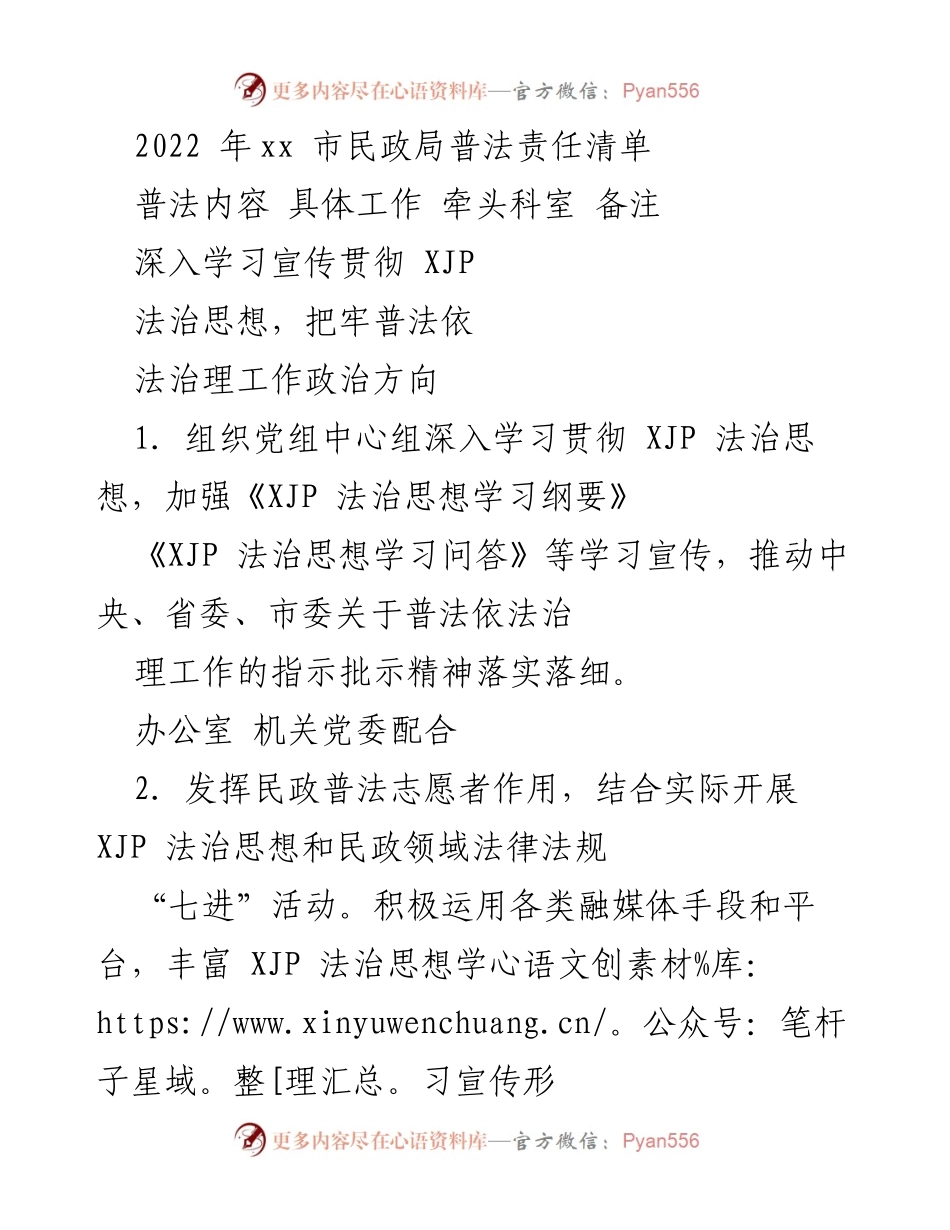 [工作总结] 市民政局 - 2022年普法责任清单及实施方案.docx_第1页