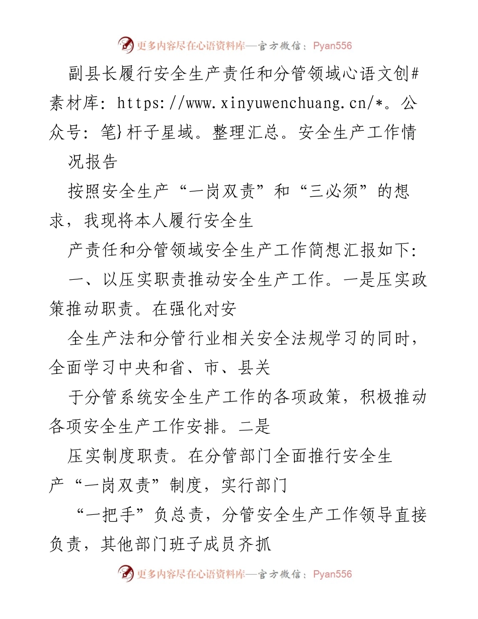 [工作总结] 安全生产工作汇报 - 副县长安全生产责任履行情况报告.docx_第1页