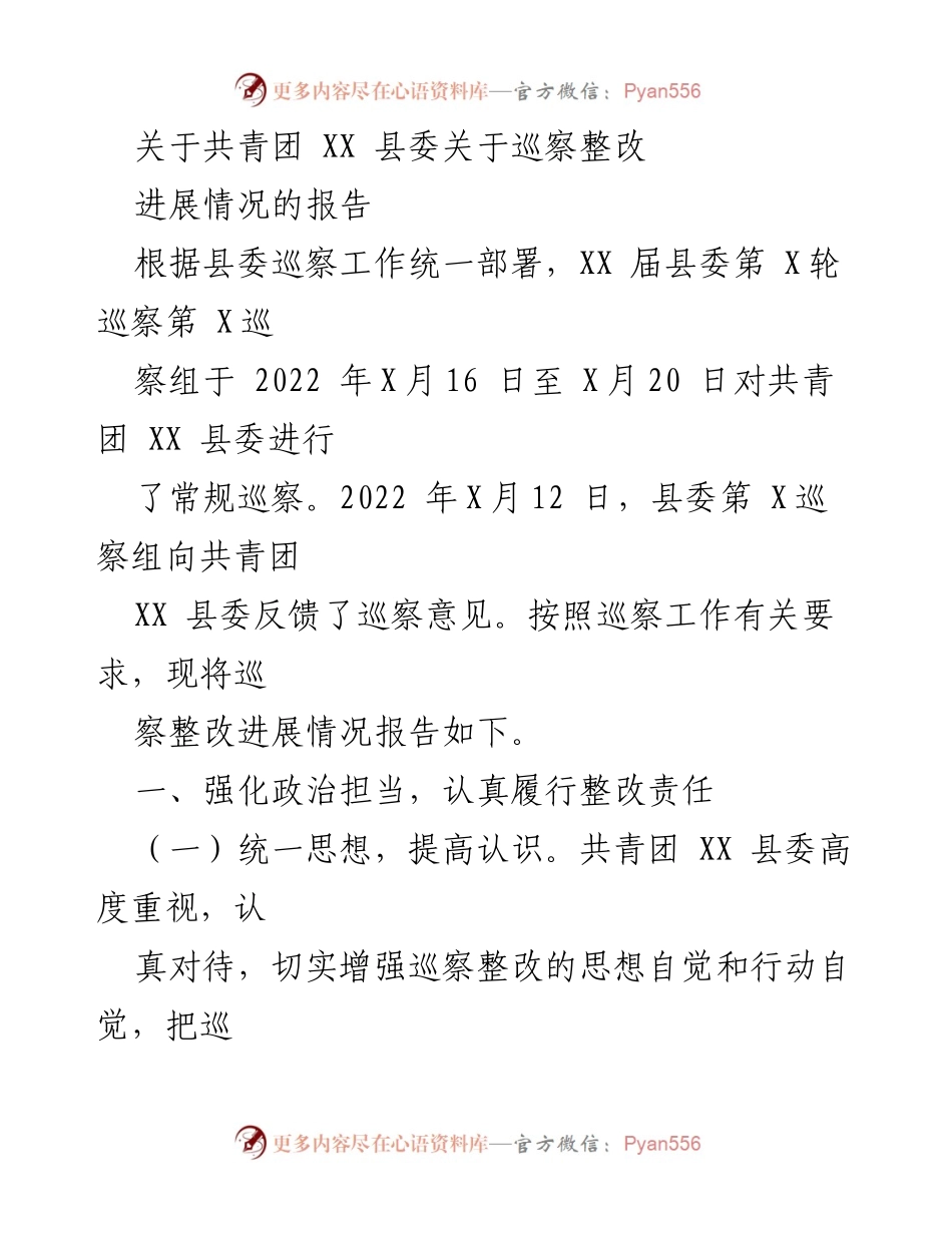 [工作总结] 巡察整改 - 共青团 XX 县委巡察整改进展情况报告_2.docx_第1页
