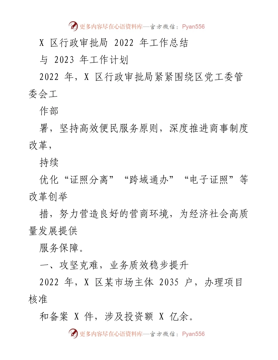 [工作总结] 年度工作总结 - X 区行政审批局2022年工作总结与2023年工作计划.docx_第1页