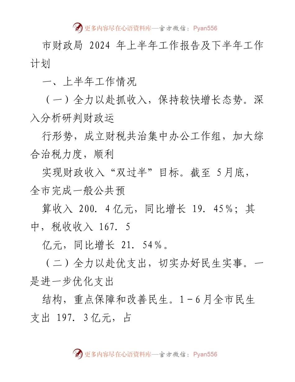 [工作总结] 市财政局 - 2024年上半年工作总结及下半年计划.docx_第1页