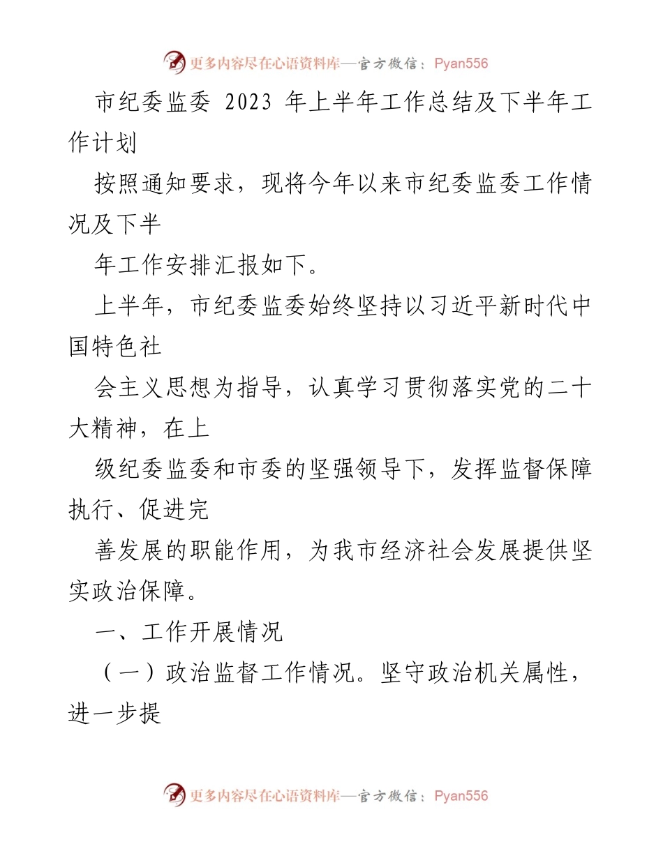 [工作总结] 市纪委监委 - 2023年上半年工作总结与下半年工作计划.docx_第1页