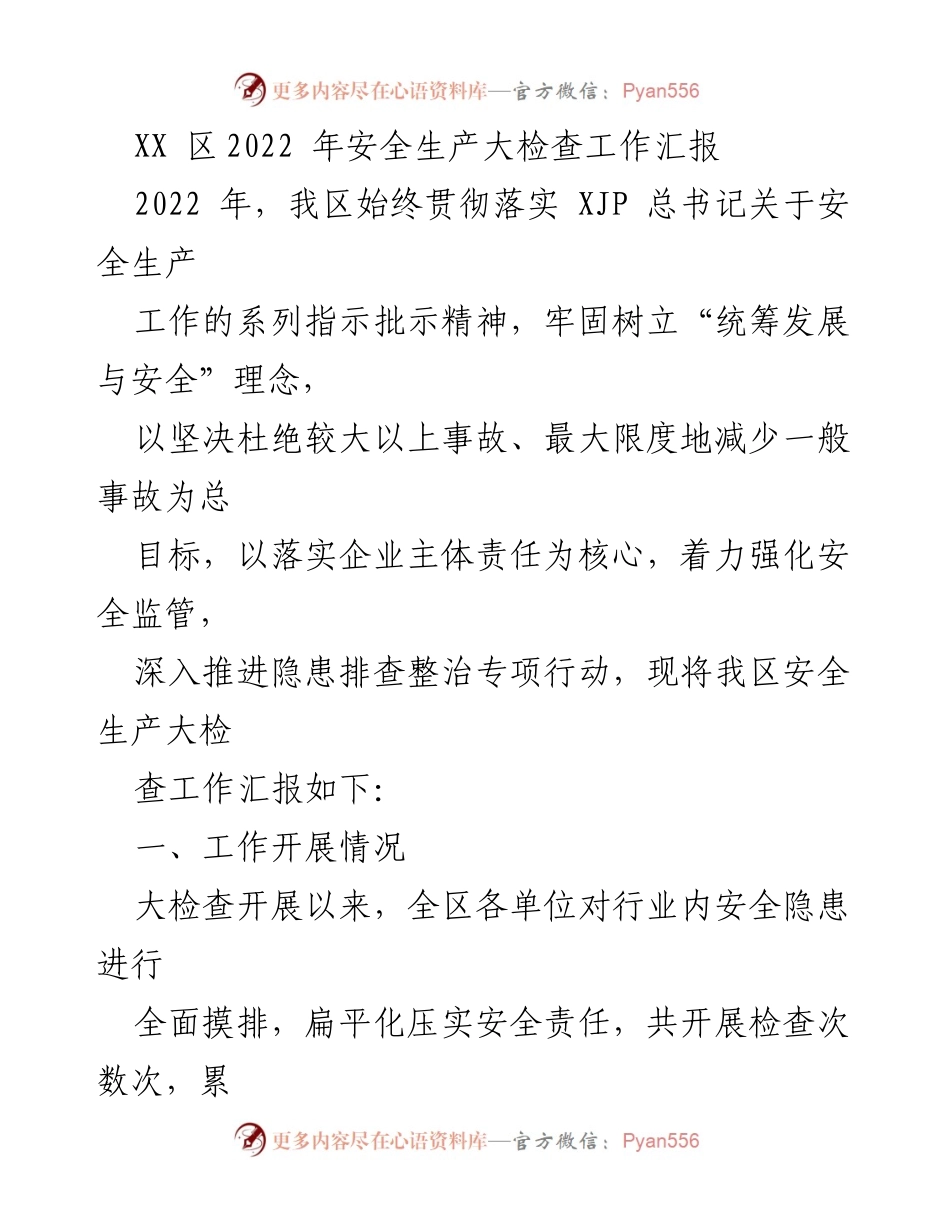 [工作总结] 安全生产 - XX区2022年安全生产大检查工作汇报_1.docx_第1页