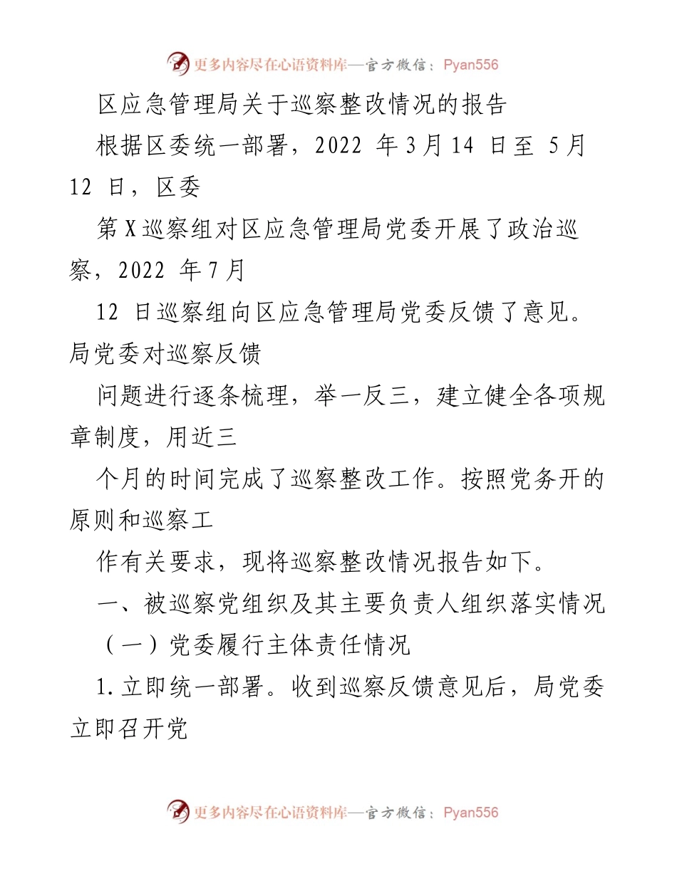 [工作总结] 巡察整改 - 区应急管理局巡察整改情况报告.docx_第1页