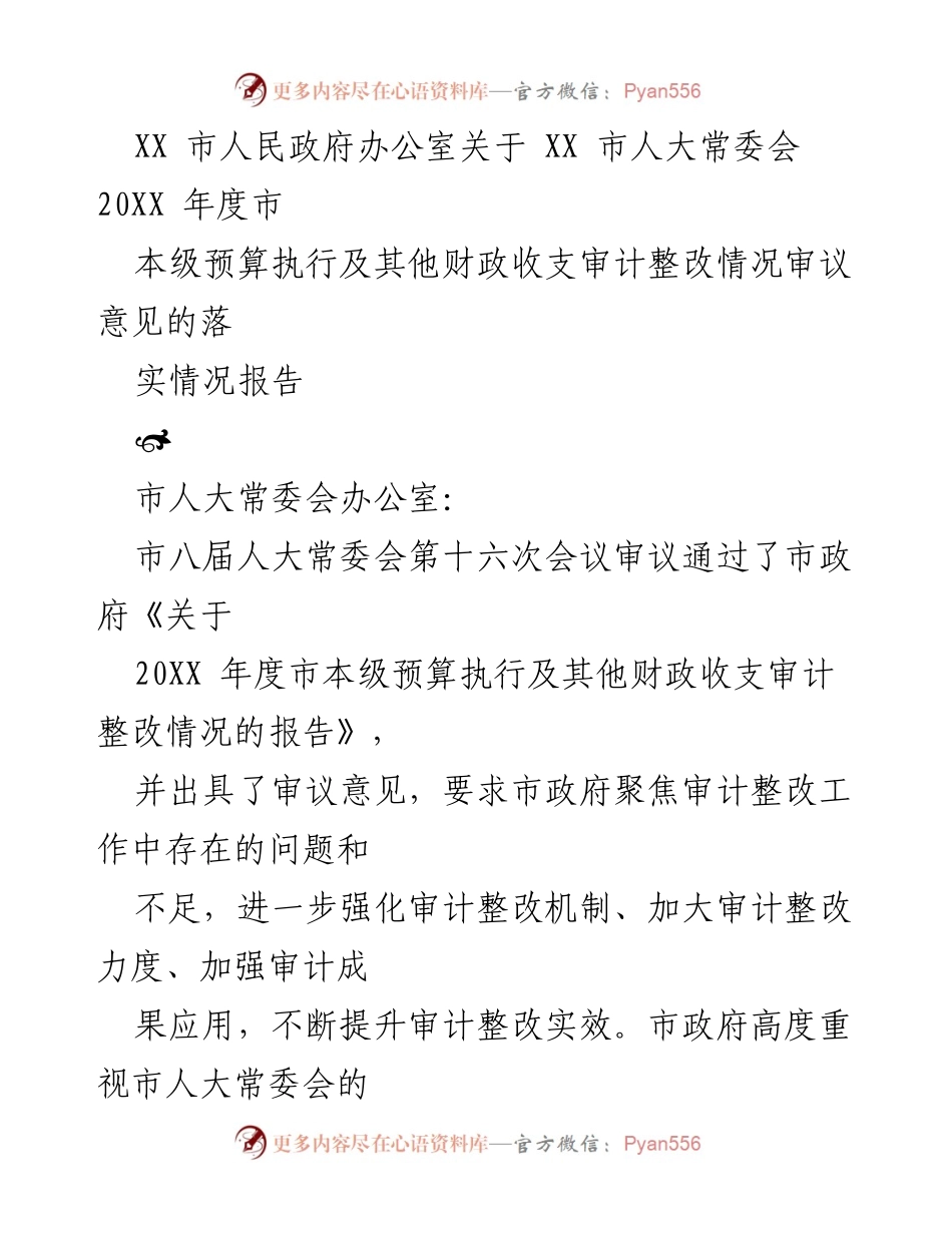[工作总结] 市政府审计整改 - XX市审计整改落实情况报告.docx_第1页