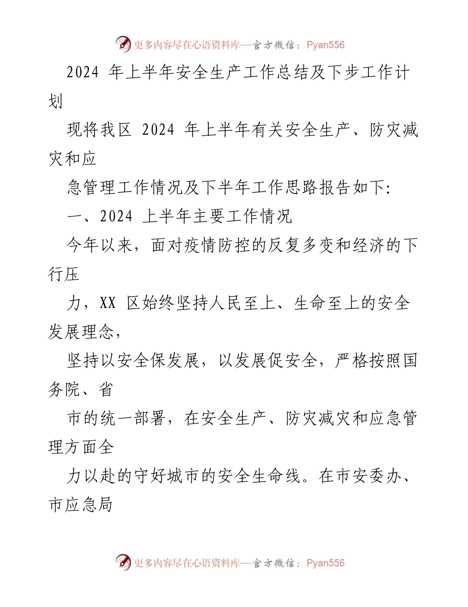 [工作总结] 安全生产 - 2024年上半年安全生产工作总结及下步工作计划.docx_第1页