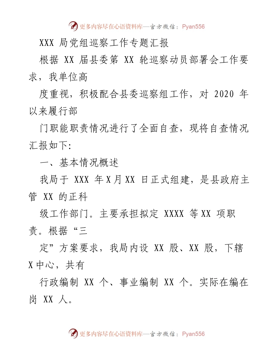 [工作总结] 巡察工作 - XXX局党组巡察工作自查情况汇报.docx_第1页