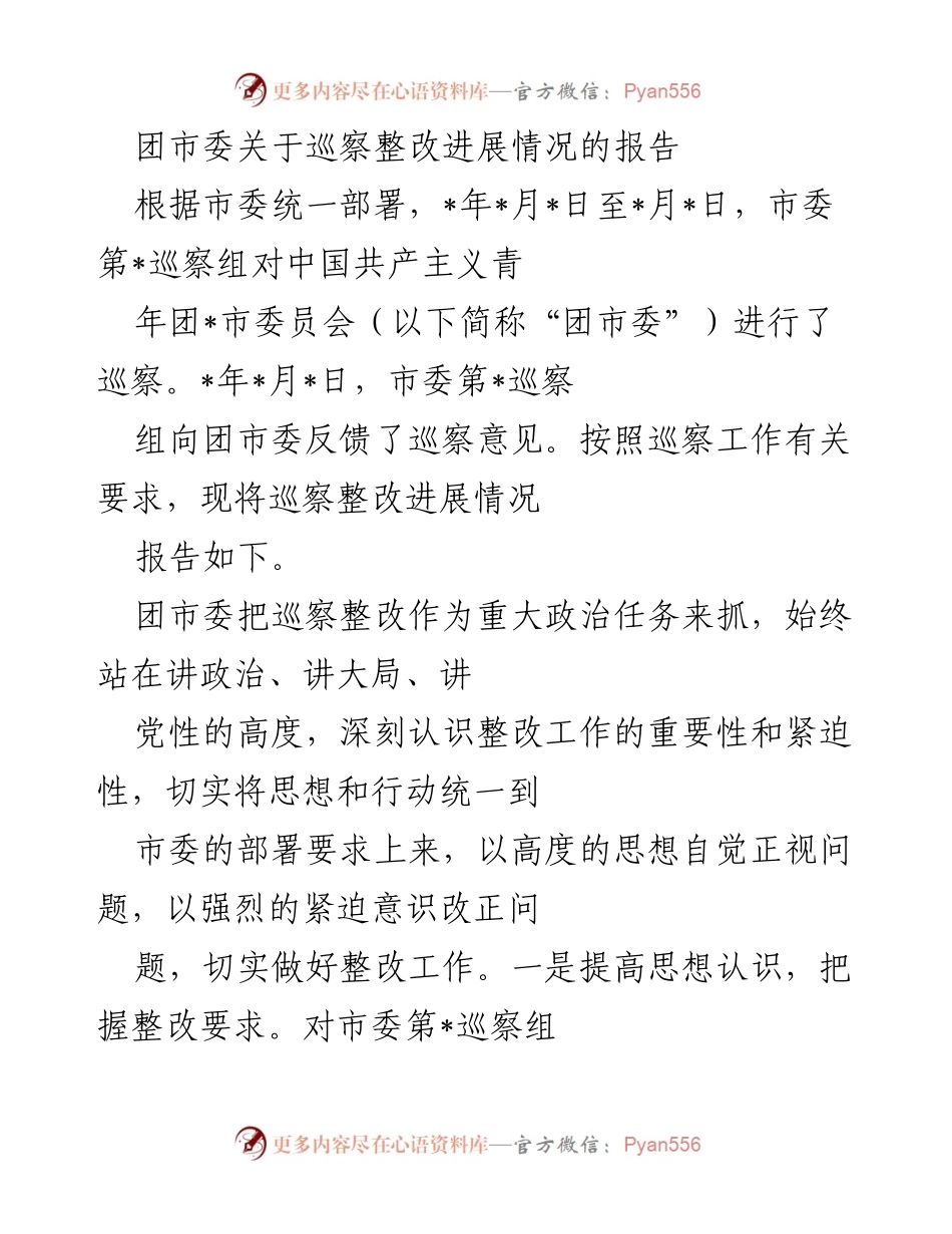 [工作总结] 巡察整改 - 团市委巡察整改进展情况报告.docx_第1页