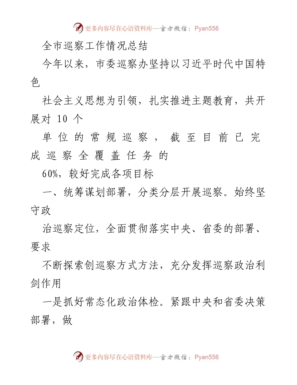 [工作总结] 巡察工作 - 全市巡察工作情况总结与落实措施.docx_第1页