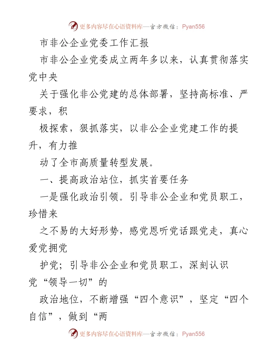 [工作总结] 市非公企业党委工作汇报 - 强化非公党建，推动高质量转型发展.docx_第1页