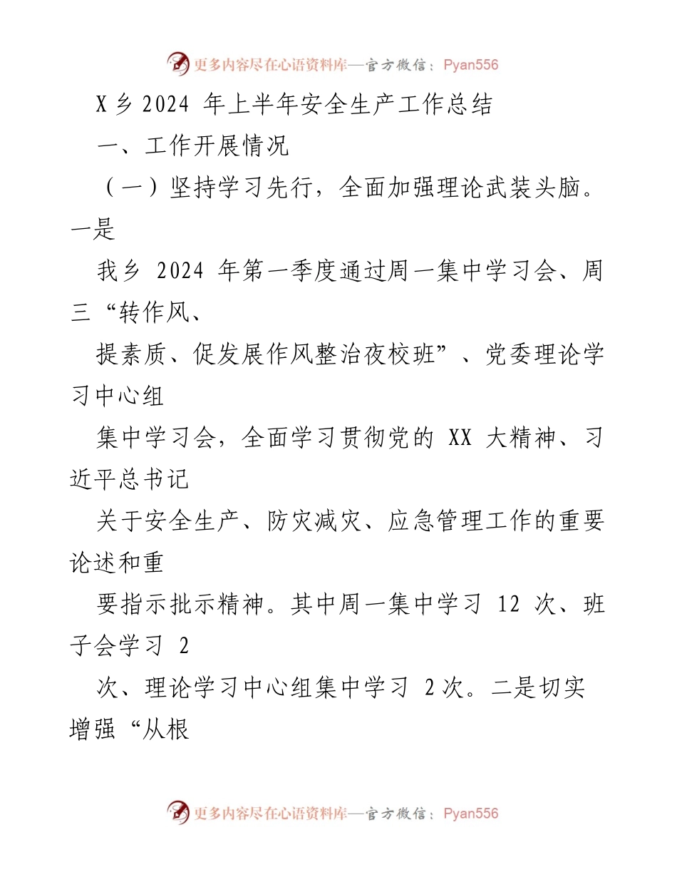 [工作总结] 安全生产 - X乡2024年上半年安全生产工作总结.docx_第1页