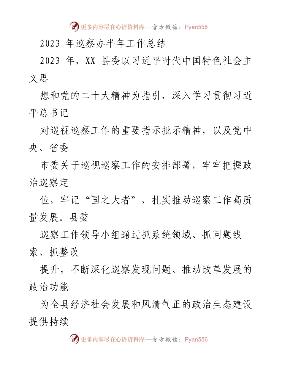 [工作总结] 巡察工作 - 2023年XX县巡察办半年工作总结.docx_第1页