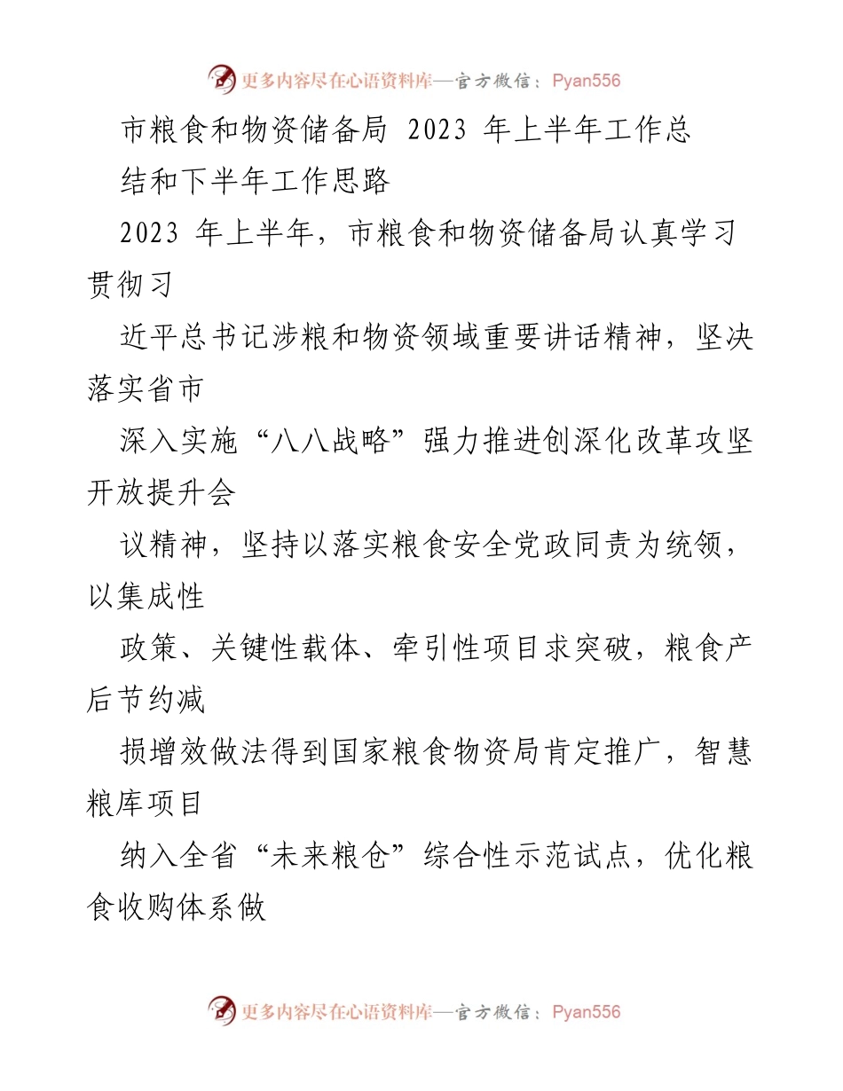 [工作总结] 市粮食和物资储备局 - 2023年上半年工作总结与下半年工作思路.docx_第1页