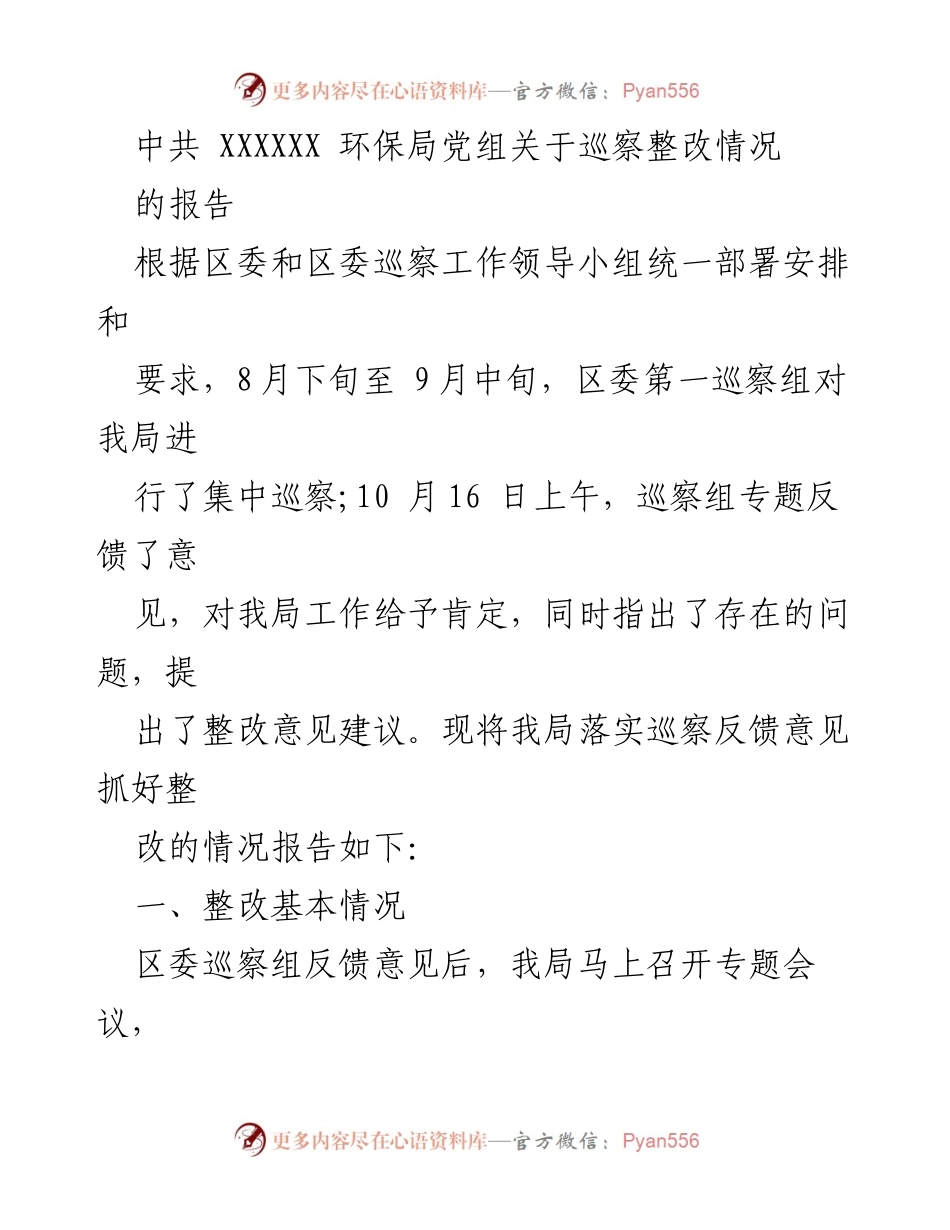 [工作总结] 巡察整改 - 中共XXXXXX环保局巡察整改情况报告.docx_第1页