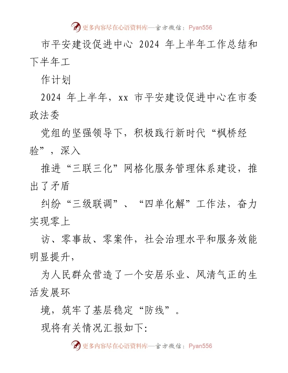 [工作总结] 市平安建设促进中心 - 2024年上半年工作总结与下半年工作计划.docx_第1页
