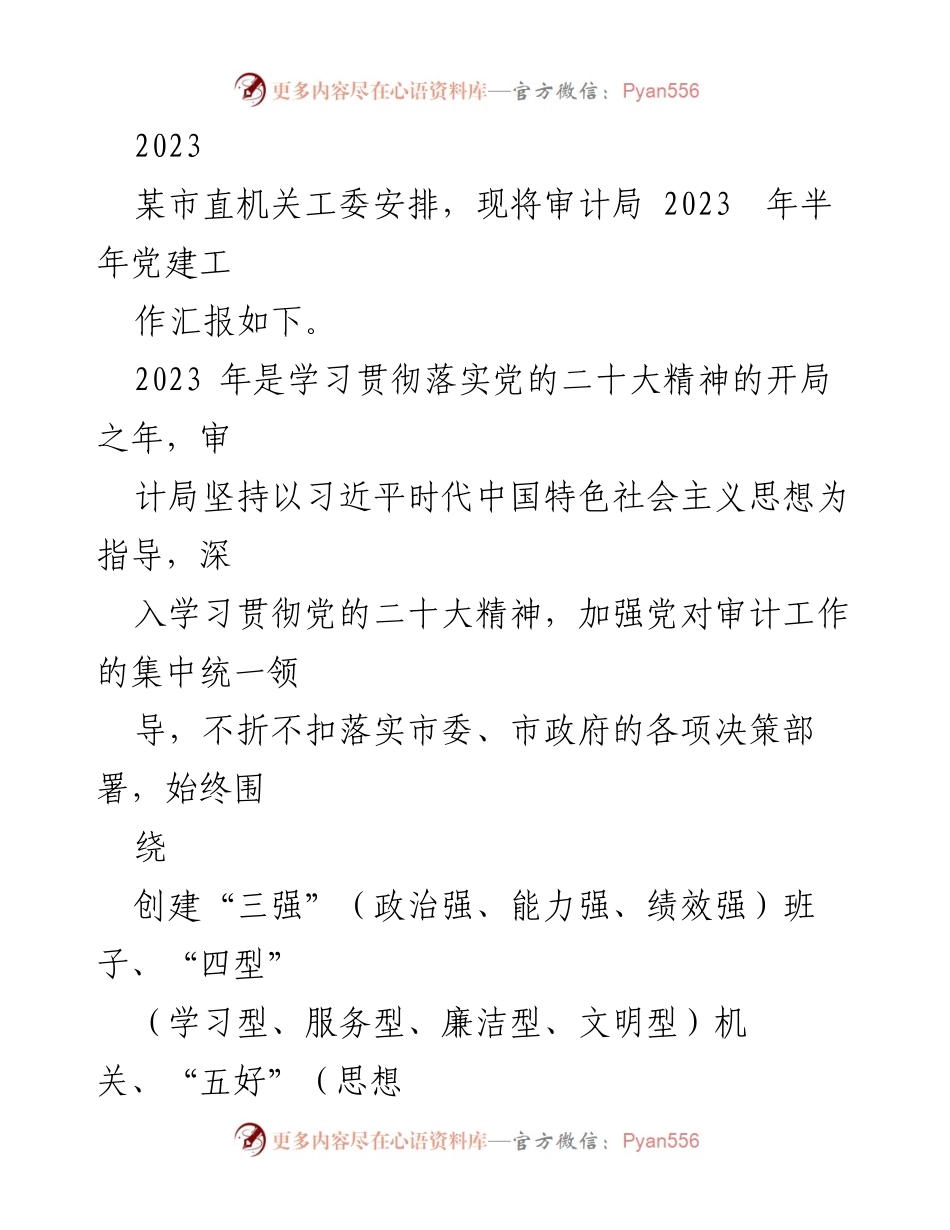 [工作总结] 审计局 - 2023年审计局党建工作半年汇报.docx_第1页