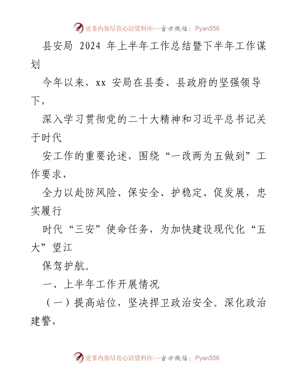 [工作总结] 安全工作 - 2024年上半年县安局工作总结与下半年谋划.docx_第1页