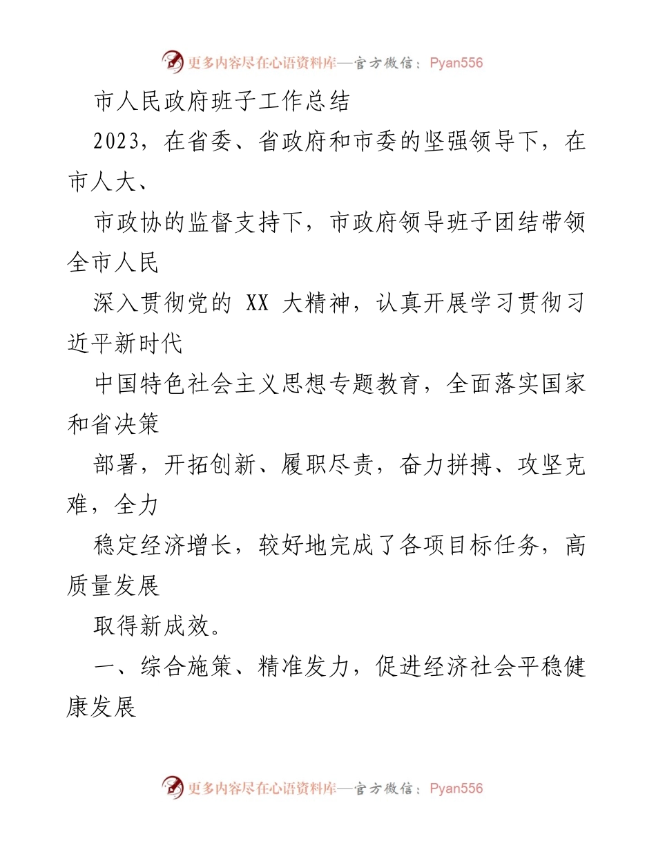 [工作总结] 市人民政府 - 2023年度市政府班子工作总结与经济社会发展成效分析.docx_第1页
