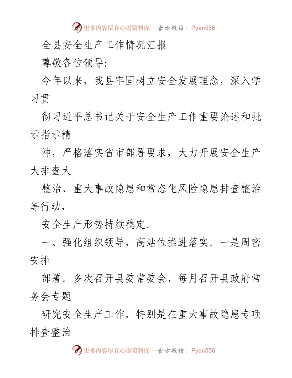 [工作总结] 安全生产工作会议 - 全县安全生产工作情况汇报_1.docx_第1页