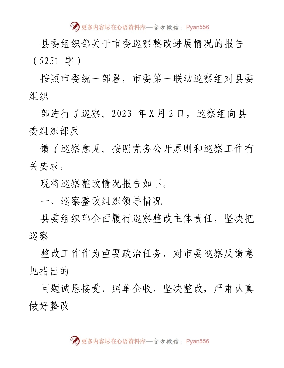 [工作总结] 巡察整改 - 县委组织部市委巡察整改进展情况报告.docx_第1页