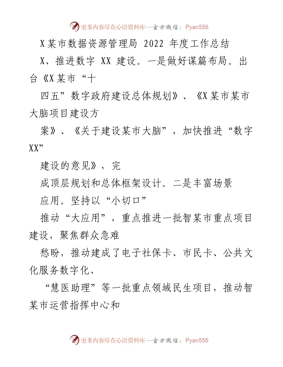 [工作总结] 年度工作总结 - 2022年度X某市数据资源管理局工作总结报告.docx_第1页