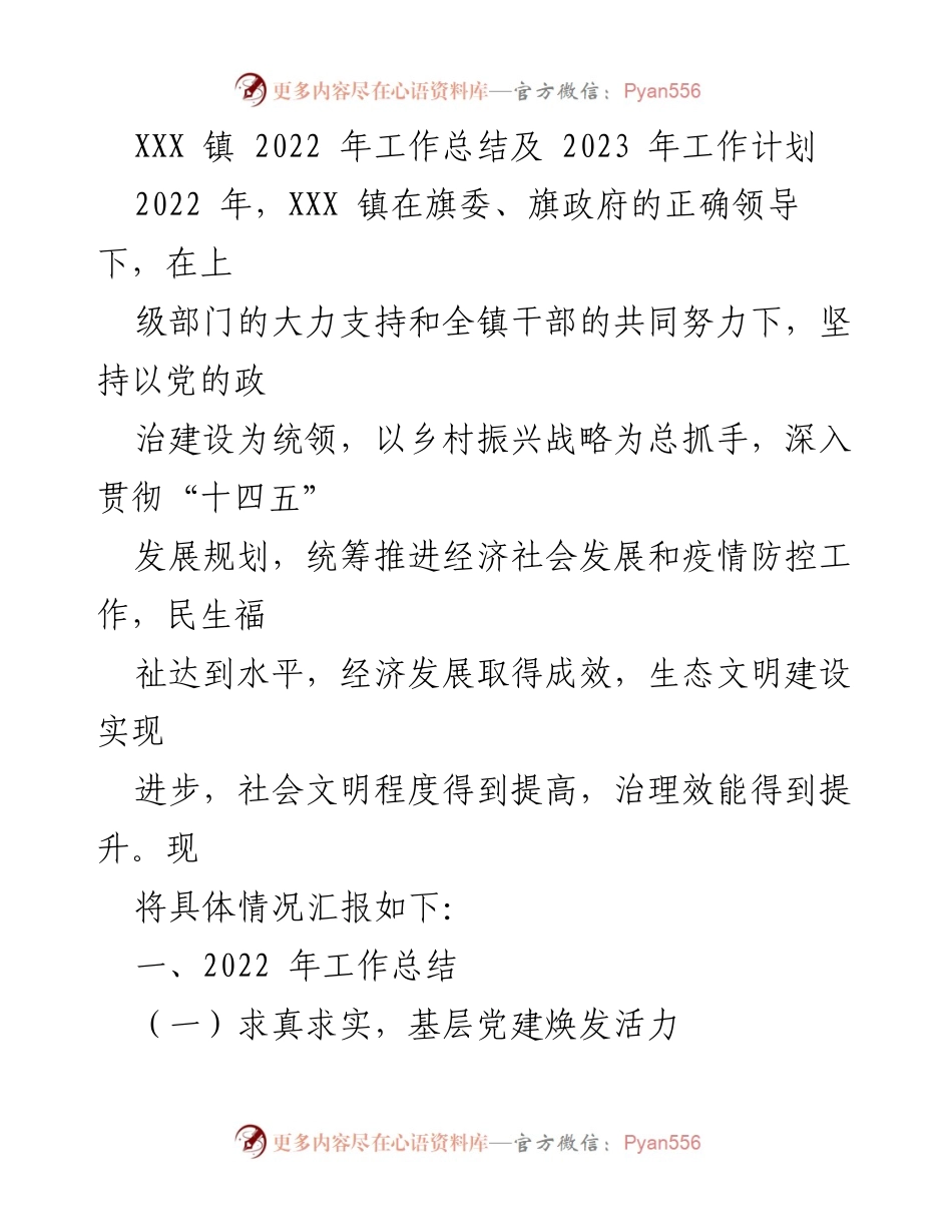 [工作总结] 年度总结 - XXX 镇2022年工作总结与2023年工作计划.docx_第1页
