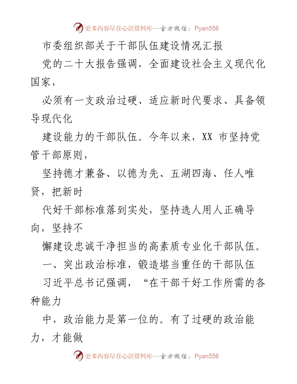 [工作总结] 干部队伍建设 - XX市干部队伍建设情况汇报_1.docx_第1页