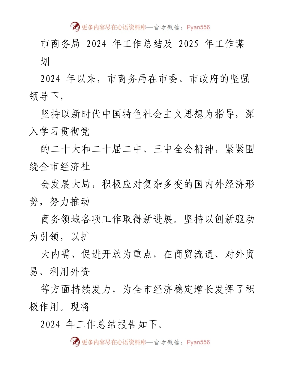 [工作总结] 市商务局 - 2024年工作总结及2025年工作谋划.docx_第1页