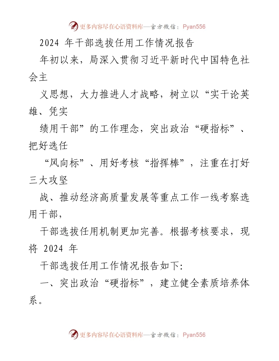 [工作总结] 干部选拔任用 - 2024年干部选拔任用工作情况报告.docx_第1页