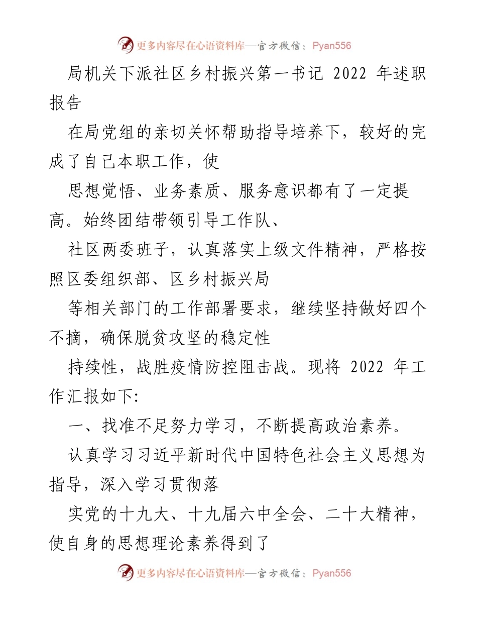 [工作总结] 局机关年度述职 - 2022年乡村振兴第一书记述职报告.docx_第1页