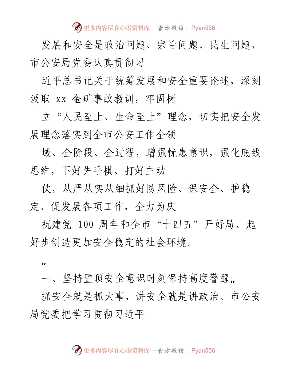 [工作总结] 市公安局 - 加强安全发展理念落实，保障社会稳定与安全.docx_第1页