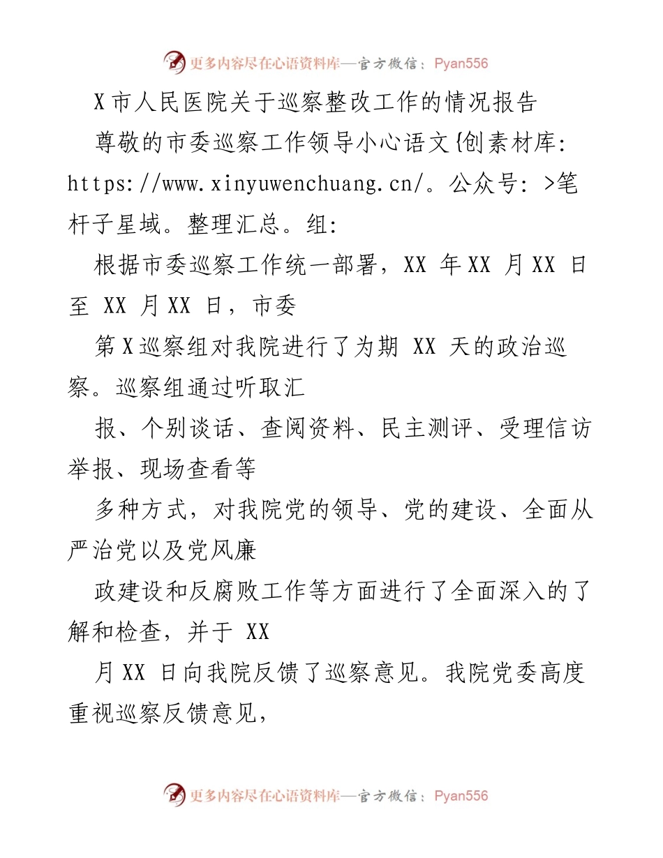 [工作总结] 巡察整改 - X市人民医院巡察整改工作情况报告.docx_第1页