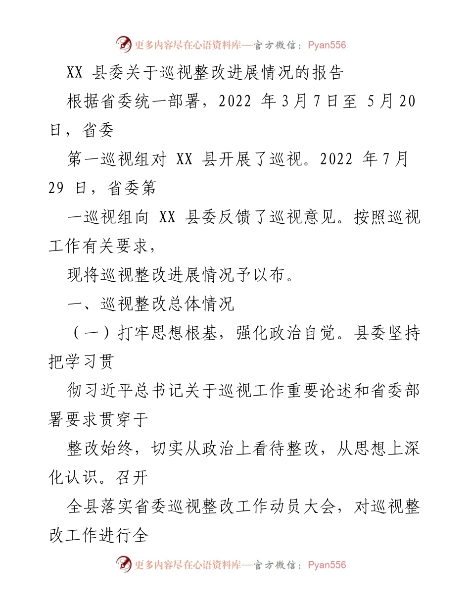 [工作总结] 巡视整改 - XX县巡视整改进展情况报告.docx_第1页