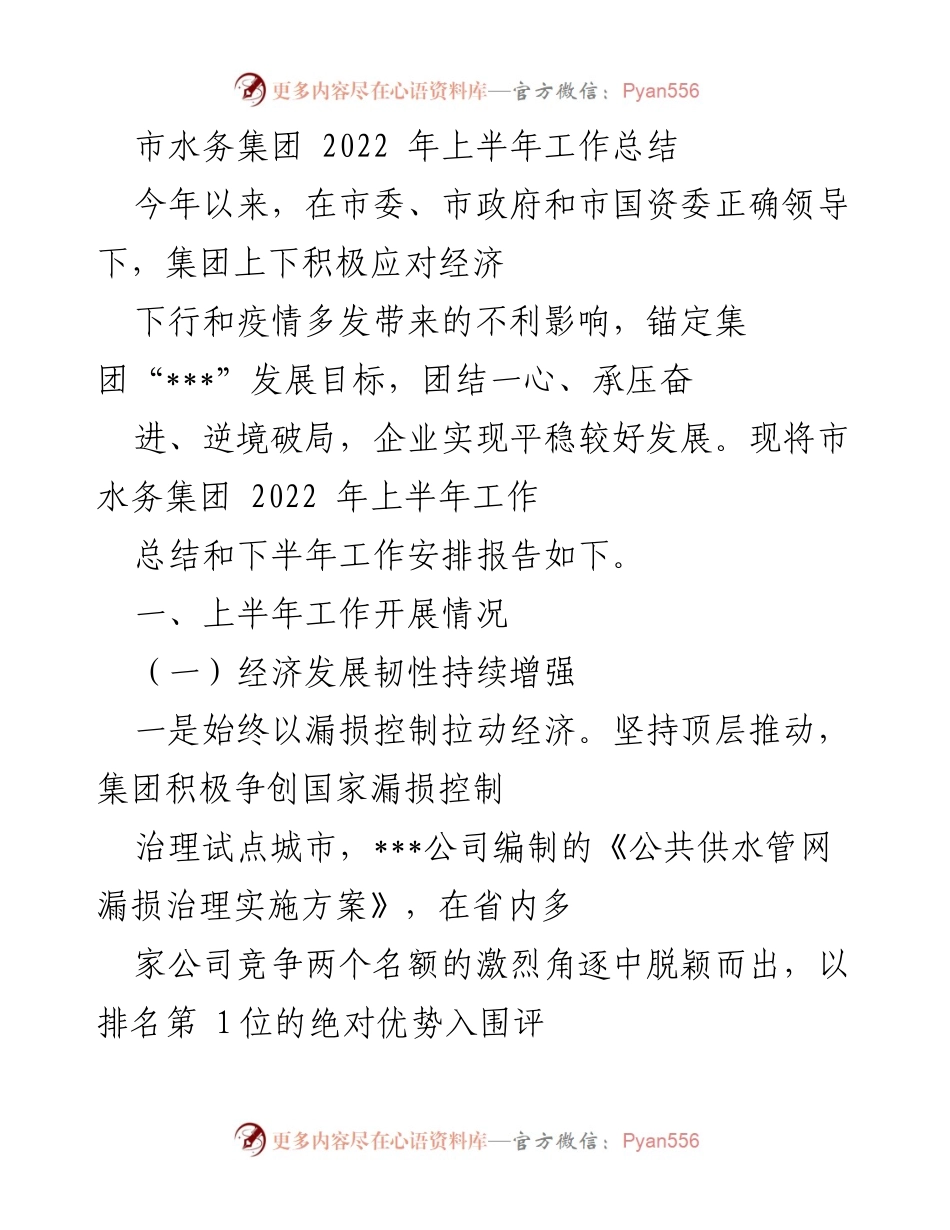 [工作总结] 市水务集团 - 2022年上半年工作总结与下半年工作安排报告.docx_第1页