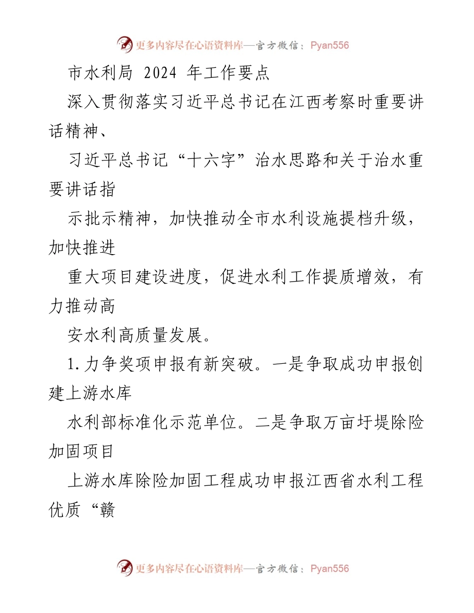 [工作总结] 市水利局 - 2024年水利工作要点与实施计划.docx_第1页