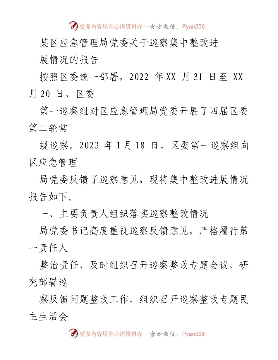 [工作总结] 巡察整改 - 区应急管理局党委巡察整改进展情况报告_1.docx_第1页