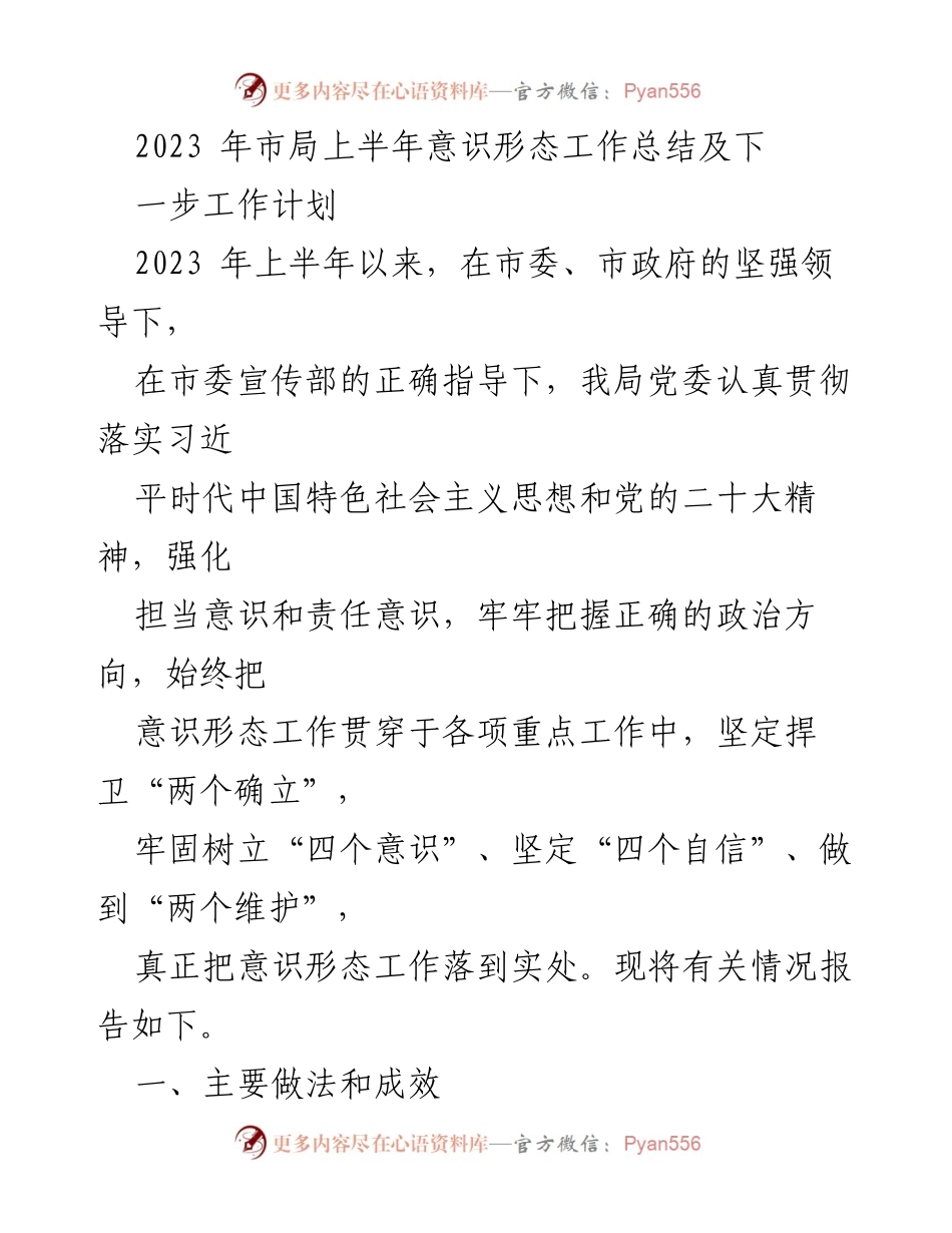 [工作总结] 市局 - 2023年上半年意识形态工作总结及下半年工作计划.docx_第1页
