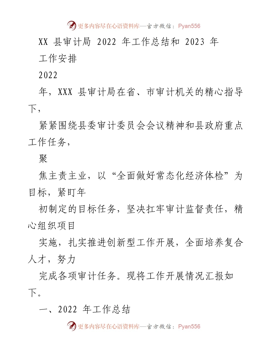 [工作总结] 审计局年终会议 - XX 县审计局2022年工作总结及2023年工作安排.docx_第1页