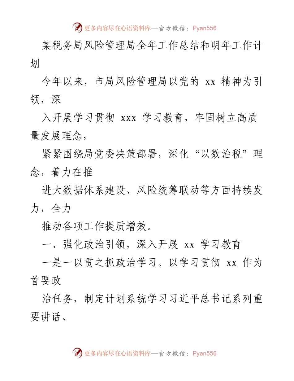 [工作总结] 年度工作总结会议 - 某税务局风险管理局2023年工作总结与2024年工作计划.docx_第1页